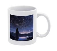 Tazza da caffè con ragazza che guarda le stelle, tazza bianca alla moda con manico, moderna tazza da tè, tazza da caffè in ceramica personalizzata, grandi tazze con stampa a sublimazione, regalo per a