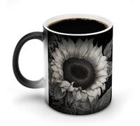 Tazza da caffè con scolorimento da 12 once, tazza da caffè in ceramica con stampa di girasole, nera e grigia, con manico, tazza da caffè che cambia colore, tazze divertenti per tè, zuppa, latte, latte