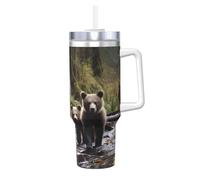 Tazza da caffè con scritta "Mother Bear And Her Cubs", da 1,18 l, con manico e cannuccia, isolata sottovuoto, in acciaio inox, a doppia parete, elegante, da viaggio, con supporto per tazza da caffè