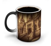 Tazza da caffè con stampa castello medievale vintage, da 12 once, con scolorimento, in ceramica, con manico, tazza da caffè che cambia colore, tazze divertenti per tè, zuppa, latte, latte macchiato