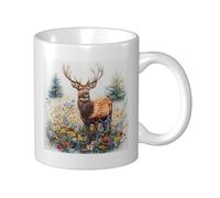 Tazza da caffè da 11 once con cervo tra i fiori, opera d'arte con ciondoli per amanti degli animali, vivida e realistica, stile classico moderno, ideale come regalo per te o per un amico!