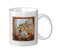 Tazza da caffè da 11 once, una città europea in primavera, divertente opera d'arte per animali, design unico e bellissimo, grazioso gatto e fiore, elegante tazza da caffè e tè, adatta per la famiglia