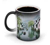 Tazza da caffè da 325 ml, con paesaggio primaverile nel villaggio acquatico, tazze da caffè che cambiano il calore, con manico, tazza magica sensibile al calore, per donne e uomini, divertente tazza