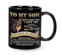 Tazza da caffè da 325 ml, con scritta in lingua inglese "To My Son Wolf" di mamma e papà, perfetta per compleanno, San Valentino, festa del papà, laurea e Natale (nero)