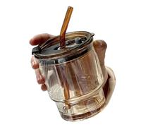 Tazza da caffè da 400/450 ml, semplice, in vetro a righe, con coperchio e cannuccia, trasparente, for tè con le bolle, for succo, latte, moka, tazza for la colazione(400ML brown)