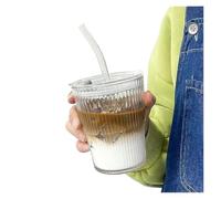 Tazza da caffè da 400/450 ml, semplice, in vetro a righe, con coperchio e cannuccia, trasparente, for tè con le bolle, for succo, latte, moka, tazza for la colazione(C 450ML)