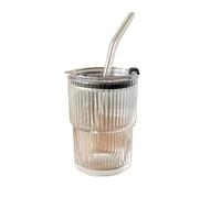 Tazza da caffè da 400/450 ml, semplice, in vetro a righe, con coperchio e cannuccia, trasparente, for tè con le bolle, for succo, latte, moka, tazza for la colazione(450ML)