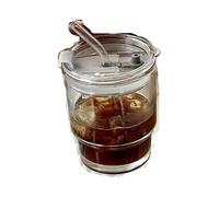 Tazza da caffè da 400/450 ml, semplice, in vetro a righe, con coperchio e cannuccia, trasparente, for tè con le bolle, for succo, latte, moka, tazza for la colazione(400ML white)
