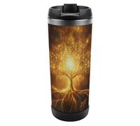 Tazza da caffè da viaggio con albero con simboli geometrici sacri dorati, con coperchio, tazza isolata in acciaio inox, regalo per donne e uomini, 350 ml