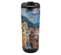 Tazza da caffè da viaggio con coperchio isolato in acciaio inox con motivo Cinque Terre e Torre di Pisa, regalo per donne e uomini, 350 ml