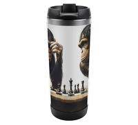 Tazza da caffè da viaggio con due scimpanzé che giocano a scacchi, con coperchio, isolante, in acciaio inox, regalo per donne e uomini, 350 ml