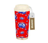 Tazza da caffè da viaggio da 40,6 l, con cannuccia e coperchio, rivestimento in ceramica a doppia parete, bicchieri a doppia parete, motivo floreale russo, blu, bianco, rosso