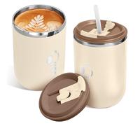 Tazza da caffè da viaggio da 500 ml, con coperchio e cannuccia, in acciaio inox, isolamento sottovuoto, a doppia parete, per bevande fredde, bevande calde, uso interno ed esterno (beige)