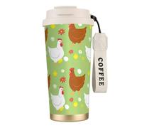 Tazza da caffè da viaggio Happy Chicken Family, 100% a prova di perdite, in acciaio inossidabile 316, con isolamento sottovuoto, coperchio e cannuccia, per acqua, tè freddo o caffè, frullato e altro a