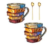 Tazza da caffè dipinta con libri dipinti in 3D, con affascinanti disegni a tema libro, con cucchiaio, tazza in vetro a forma di segno per gli amanti della letteratura (A)