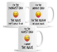 Tazza da caffè divertente con scritta “Youngest Middle Old Mest Child Sister Brother Rules”