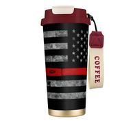 Tazza da caffè in acciaio con stampa bandiera rossa con ascia da pompiere, thermos da caffè all'aperto, tazza da campeggio con coperchio a prova di perdite, tazze portatili per mantenere caldo