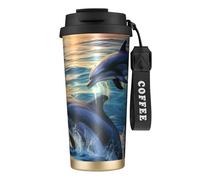 Tazza da caffè in acciaio inox 316 con cordino, isolamento sottovuoto, a doppia parete, a prova di perdite, tazza da viaggio per caffè con delfini nel mare1, tazza da caffè portatile per mantenere