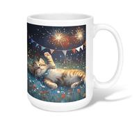 Tazza da caffè in ceramica a forma di gatto, con bandierine di fuochi d'artificio, con manico, ideale per amicizia, famiglia, colleghi, insegnanti, personale innamorato, 425,2 g