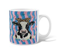 Tazza da caffè in ceramica a forma di mucca, fantasioso e giocoso con fiocco e cuori, primavera e pesca, novità per lavoro, tazza con manico, ideale per amici, familiari, amanti, anziani, colleghi