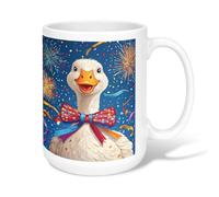 Tazza da caffè in ceramica a forma di oca, festosa con papillon giocoso e fuochi d'artificio per celebrazione, blu novità per ufficio, tazza con manico, ideale per amici, familiari, colleghi