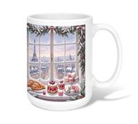 Tazza da caffè in ceramica a tema pasticceria invernale parigina Torre di | tema pasticceria francese, tazza bevente, vista finestra inverno, croissant e torta, illustrazione, decorazione casa