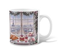 Tazza da caffè in ceramica a tema pasticceria invernale parigina Torre di | tema pasticceria francese, tazza bevente, vista finestra inverno, croissant e torta, illustrazione, decorazione casa