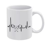 Tazza da caffè in ceramica bianca con battito cardiaco a forma di gatto, 325 ml, tazza da tè stampata su entrambi i lati, con manico ergonomico a C, fondo ispessito, in porcellana, per casa, ufficio