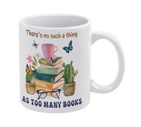 Tazza da caffè in ceramica bianca con scritta "There's No Such Thing As Too Many Books", 325 ml, tazza da tè stampata su entrambi i lati con manico ergonomico a C, fondo ispessito, in porcellana, per