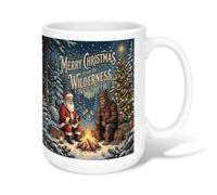 Tazza da caffè in ceramica con Babbo Natale e Sasquatch Wilderness | Sasquatch Marshmallow arrosto, bicchiere, paesaggio della foresta innevata, scena del falò, estetica rustica per le vacanze