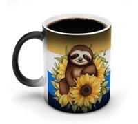 Tazza da caffè in ceramica con bradipo seduto sul girasole in stile cartone animato, tazza da caffè in ceramica che cambia calore, tazza da tè personalizzata, 325 ml, tazze a sublimazione per bevande