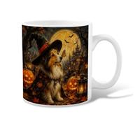 Tazza da caffè in ceramica con cane Sheltie e strega, per Halloween, 325 ml | Costume da strega, tazza da caffè, lanterne luminose, foresta illuminata dalla luna, dettaglio farfalla, fogliame autunnale