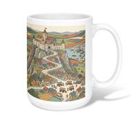 Tazza da caffè in ceramica con castello, motivo case artistiche su strada estiva, tazza da tè con manico, ideale per amici, familiari, colleghi, amanti degli anziani, anziani, 425,2 g