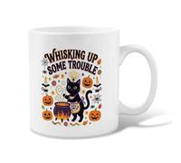 Tazza da caffè in ceramica con citazione di Halloween con gatto divertente | Illustrazione fantasiosa del gatto, tazza da bere, motivi di zucche autunnali, tema del calderone spettrale