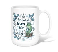 Tazza da caffè in ceramica con citazione di Natale con anfibi religiosi | Illustrazione anfibia fantasiosa, tazza da caffè, citazione ispiratrice religiosa, scena invernale innevata