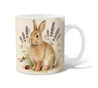 Tazza da caffè in ceramica con coniglio, primavera natura, lavanda, crisantemo, primavera, marrone, tazza con manico, regalo per amici, familiari, colleghi, insegnanti, coppie, dipendenti, 325 ml