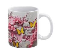 Tazza da caffè in ceramica con farfalle gialle 3D e fiori rosa che si crepano nel muro, comoda da tenere in mano, regalo di compleanno per uomini, donne, mogli, mariti, figlie, amici.