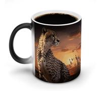 Tazza da caffè in ceramica con ghepardo che guarda fuori savana con tramonto, tazza da caffè in ceramica che cambia il calore, tazza da tè personalizzata da 325 ml, tazze a sublimazione per bevande
