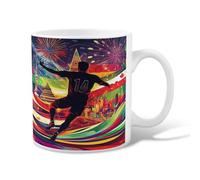 Tazza da caffè in ceramica con giocatore di calcio, con motivo fuochi d'artificio dinamici e festivi con skyline cittadino, con manico, ideale per amici, familiari, colleghi, amanti anziani, anziani
