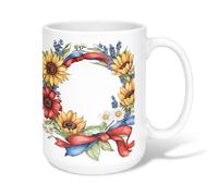 Tazza da caffè in ceramica con girasole, crisantemo rustico floreale nastro rosso primavera giallo novità tazza per cioccolata calda con manico, ideale per amici, familiari, amanti, anziani, colleghi