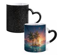 Tazza da caffè in ceramica con isola di palme tropicali all'alba, tazza da caffè in vetro che cambia il calore, tazza da tè personalizzata, tazza a sublimazione da 325 ml, per bevande calde e fredde