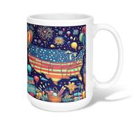 Tazza da caffè in ceramica con mappa, colorata e festosa, con motivo fuochi d'artificio e palle da mosca dell'indipendenza, blu novità per ufficio, tazza con manico, ideale per amicizia, famiglia