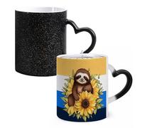 Tazza da caffè in ceramica con motivo bradipo seduto sul girasole in stile cartone animato, tazza da caffè in vetro che cambia il calore, tazza da tè personalizzata, 325 ml, tazza a sublimazione per