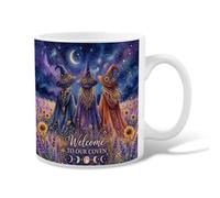 Tazza da caffè in ceramica con motivo streghe e girasole e lavanda congrega | Campo di lavanda girasole, tazza da caffè, skyline di notte stellata, illustrazione di tre streghe, tema sorellanza mistica