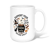 Tazza da caffè in ceramica con scritta divertente strega, calderone | Accenti cappello da strega, tazza da bere, motivo gatto, illustrazioni di zucche, tipografia fantasiosa