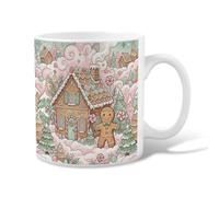 Tazza da caffè in ceramica natalizia con casa di pan di zenzero, 325 ml | Fantasiosa scena invernale pastello, tazza da caffè, affascinante illustrazione a tema caramelle, decorazione accogliente per