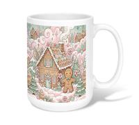 Tazza da caffè in ceramica natalizia con casa di pan di zenzero, 450 ml | Fantasiosa scena invernale pastello, tazza da caffè, affascinante illustrazione a tema caramelle, decorazione accogliente per