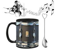 Tazza da caffè in ceramica nera vintage da 325 ml, con cucchiaio, per caffè, tè, latte e frappè, stampa piatta ma sembra tridimensionale