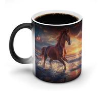 Tazza da caffè in ceramica sensibile al calore con manico con cavallo che corre sulla spiaggia, cambia colore, regalo divertente, 325 ml