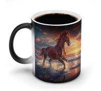 Tazza da caffè in ceramica sensibile al calore con manico con cavallo che corre sulla spiaggia, cambia colore, regalo divertente, 325 ml